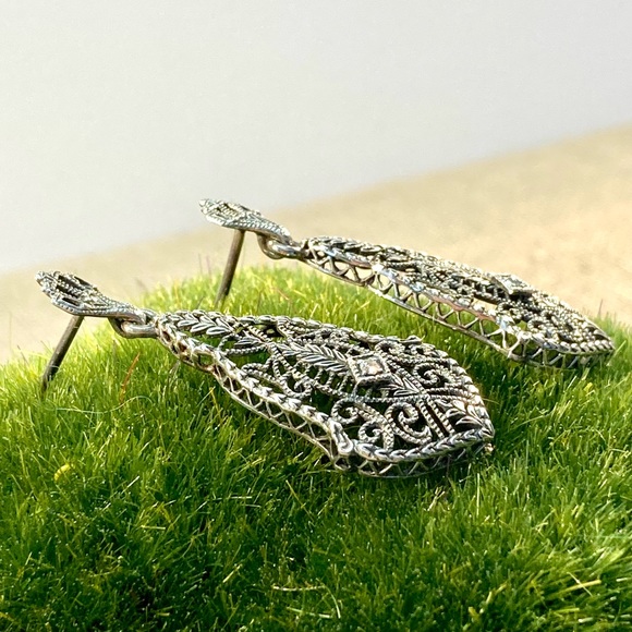 Ornate Vintage Filigree Sterling Silver and Diamond or Sapphire Earrings - Picture 2 of 8